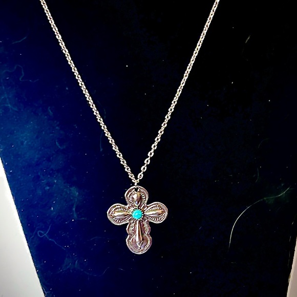 New Sterling Silver Handmade Natural Turquoise Religious Catholic Cross Necklace - Picture 4 of 14